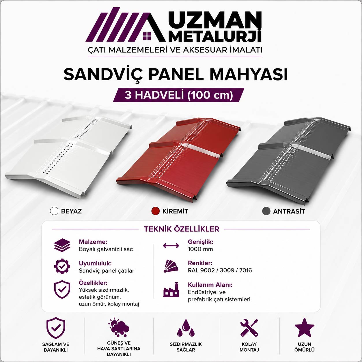Sandviç Panel Mahyası — 3 Hadveli (100 cm)