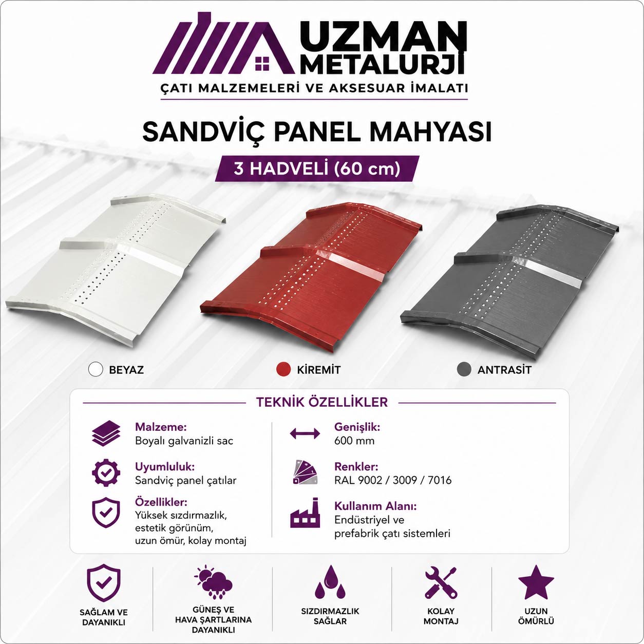 Sandviç Panel Mahyası — 3 Hadveli (60 cm)