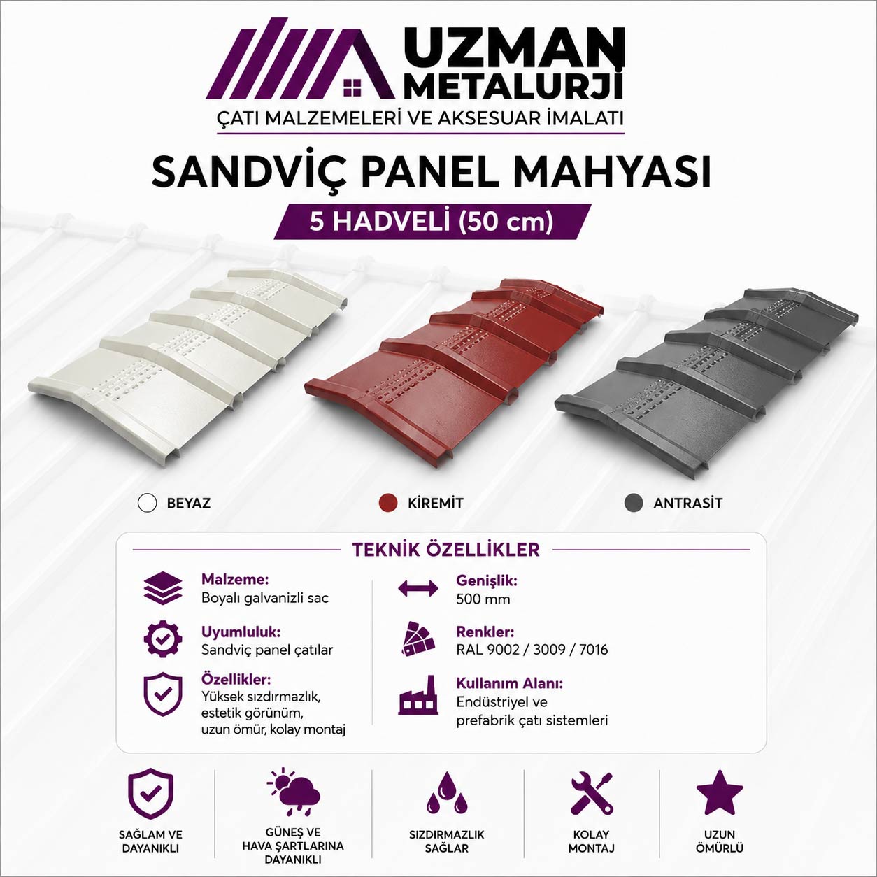 Sandviç Panel Mahyası — 5 Hadveli (50 cm)